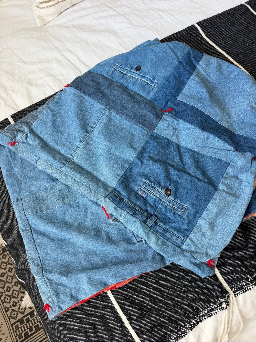 HANDMADE Patchwork Denim throw Blanket in Indigo Blue with plaid flannel